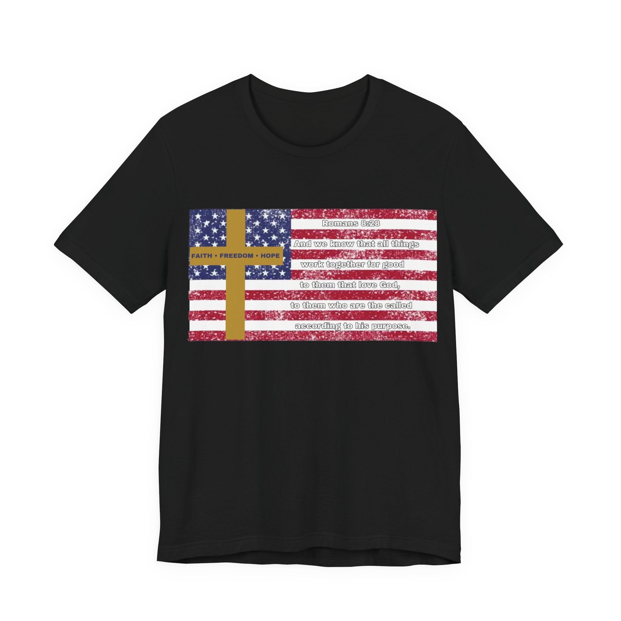 United in Purpose — Romans 8:28 Flag & Cross | Unisex Jersey Short Sleeve Christian T-Shirt