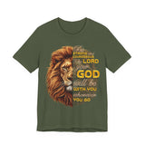 Front: Joshua 1:9 Christian t-shirt with lion graphic, “Be strong and courageous” Scripture design, gold typography on olive green shirt, faith-based apparel