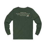 “Matthew 10:33 Bible verse printed on back of minimalist Christian long sleeve t-shirt.”