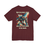 Psalm 54:2 T-Shirt – Unisex Jersey Short Sleeve Christian Tee with Praying Artwork & Slinging Scriptures Logo