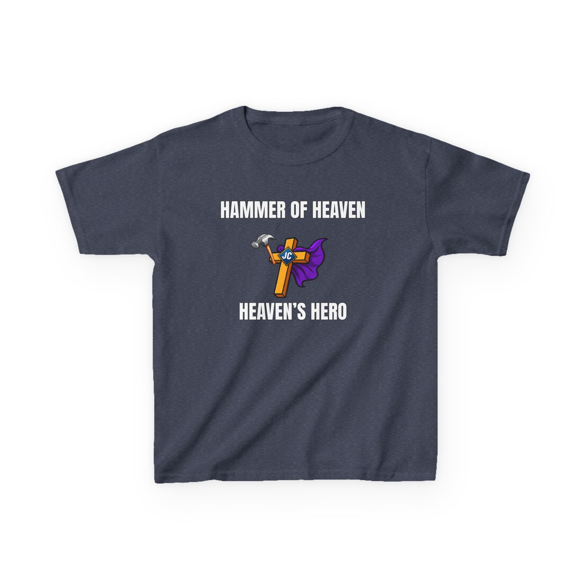 Hammer of Heaven — “Jesus Is My Superhero” Kids Christian Tee | Heaven’s Hero Badge