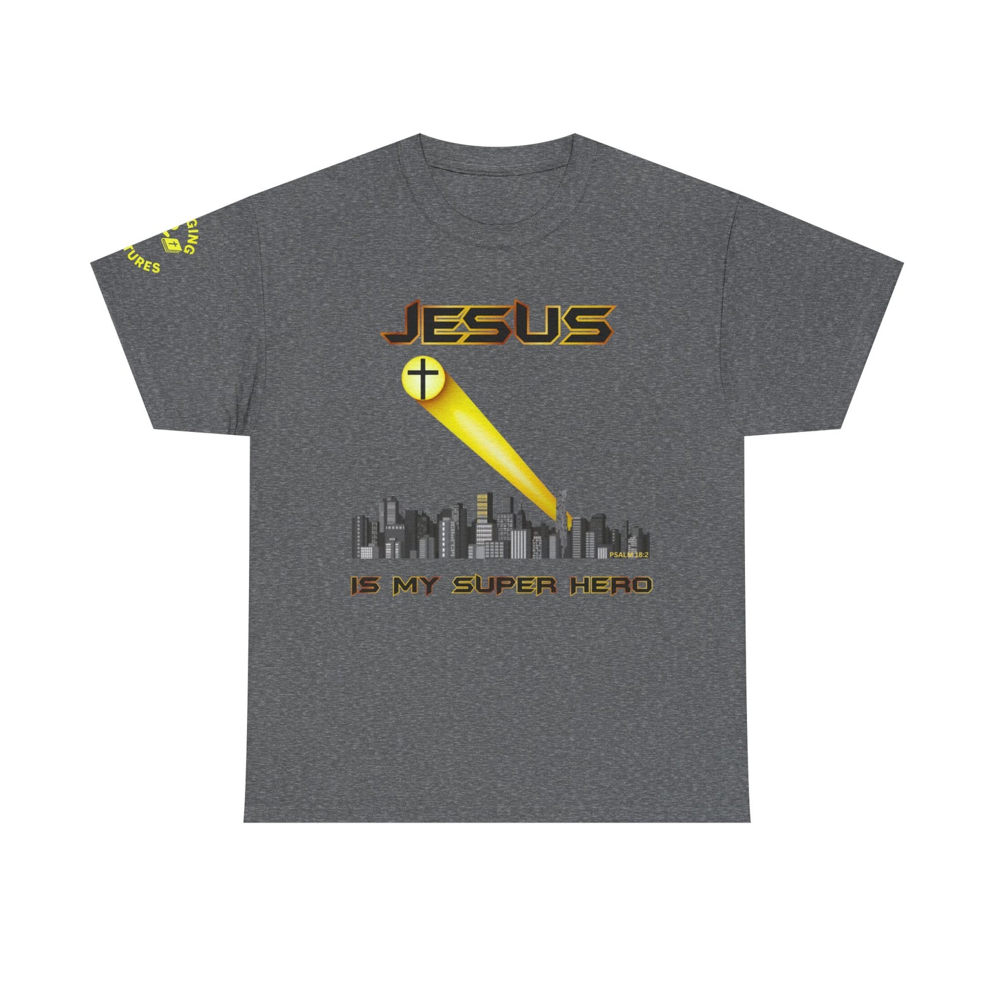 Jesus Superhero T-Shirt – Unisex Heavy Cotton Tee with Spotlight City Design & Psalm 18:2 Bible Verse