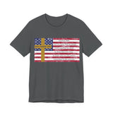 United in Purpose — Romans 8:28 Flag & Cross | Unisex Jersey Short Sleeve Christian T-Shirt