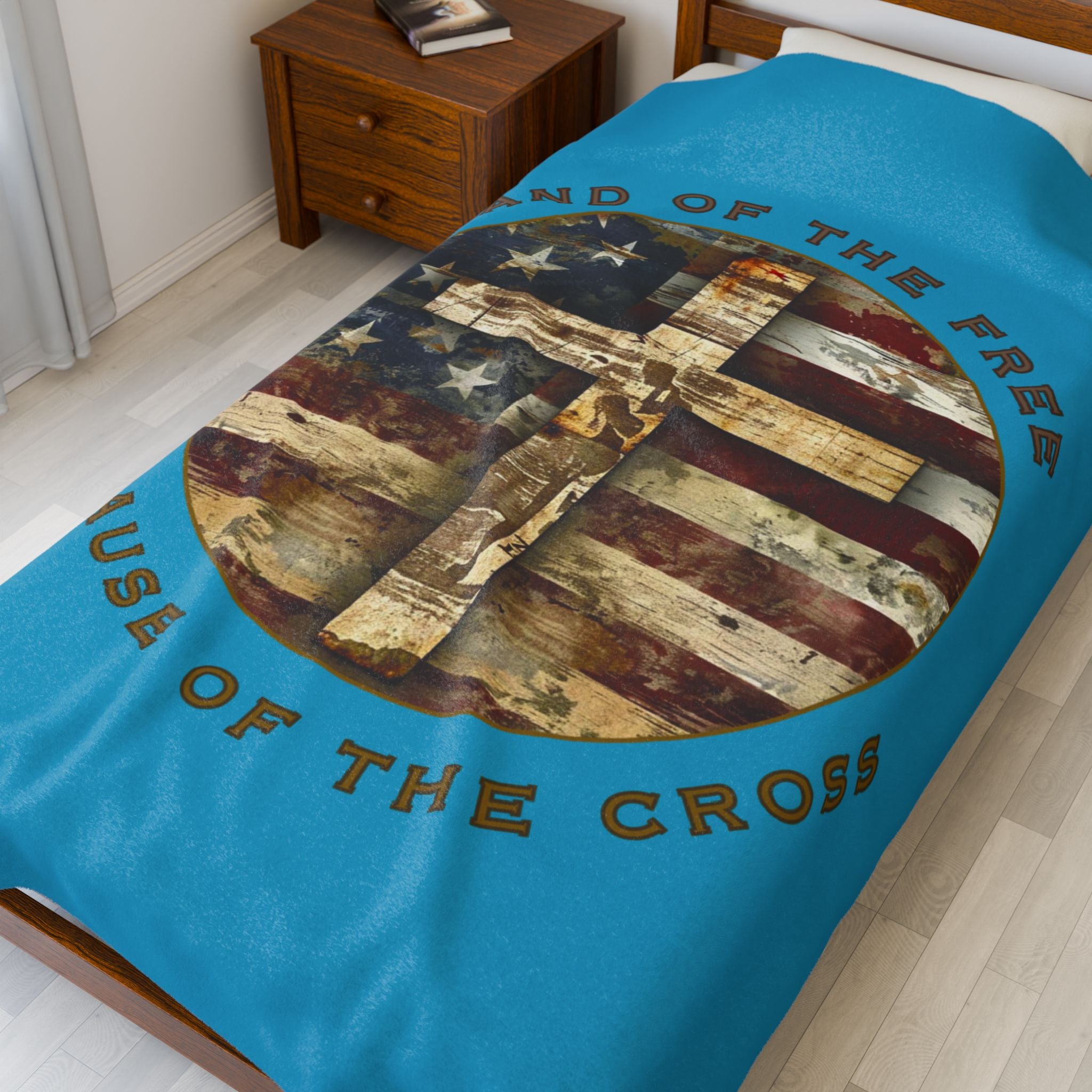 Land of the Free Because of the Cross | Christian Patriotic Velveteen Blanket