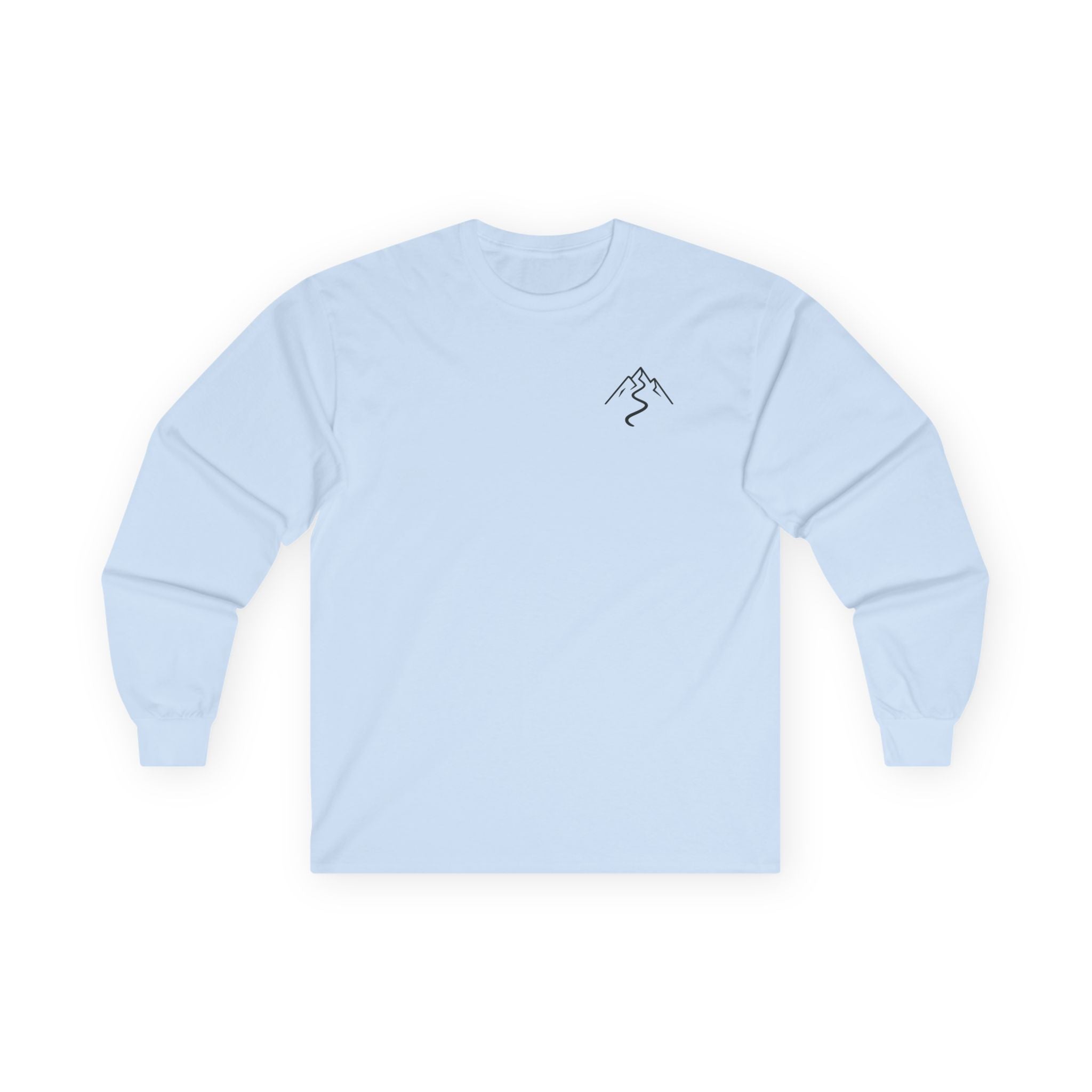 Front view — minimalist mountain chest print long sleeve shirt
