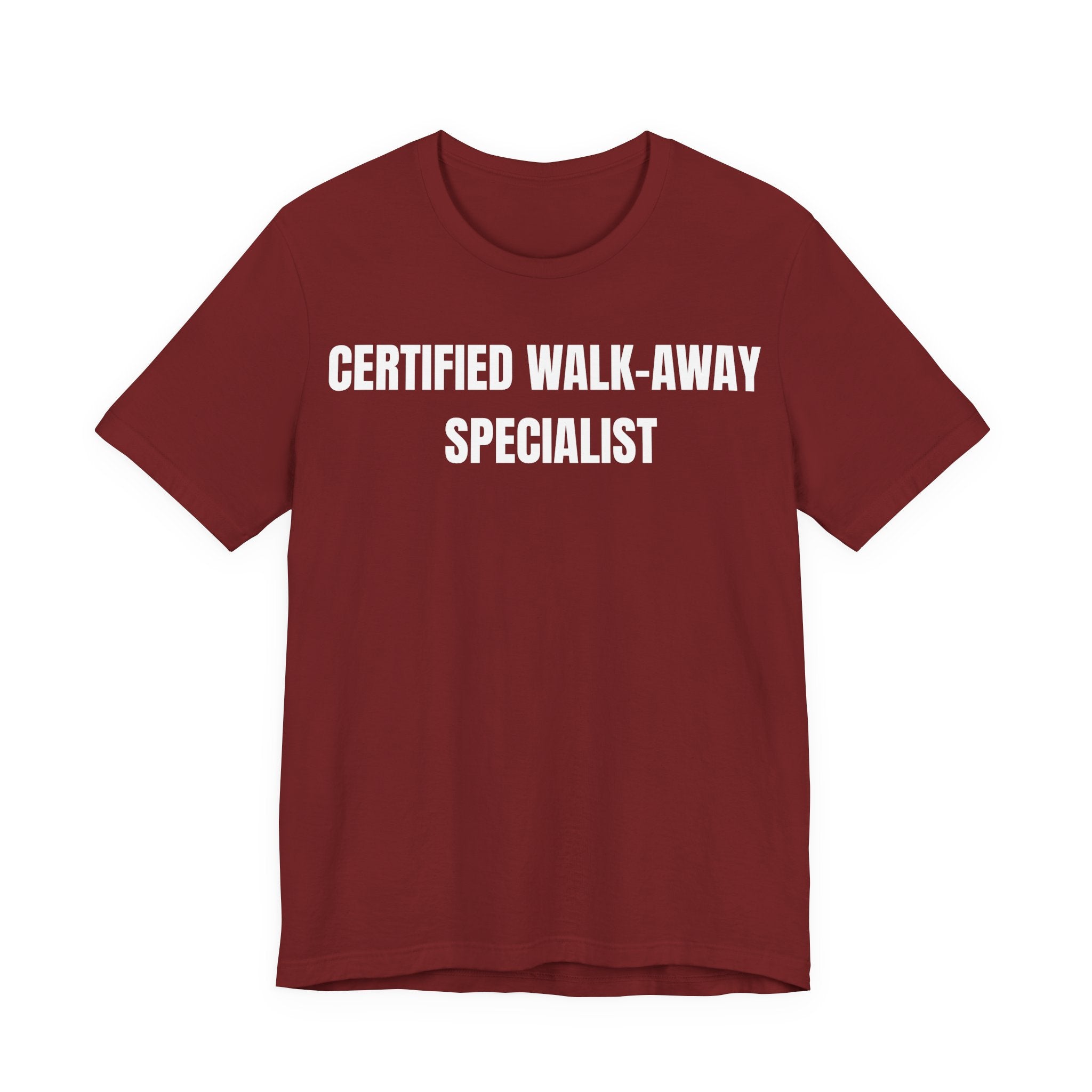 Certified Walk-Away Specialist™ text in bold Anton font, centered on a unisex black Airlume jersey short sleeve tee.