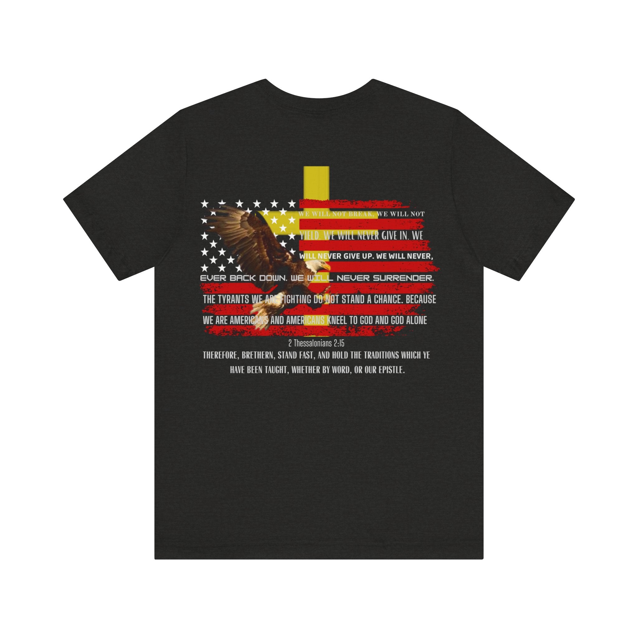 Stand Fast — 2 Thessalonians 2:15 Patriotic Flag Tee | Unisex Jersey Short Sleeve Christian T-Shirt