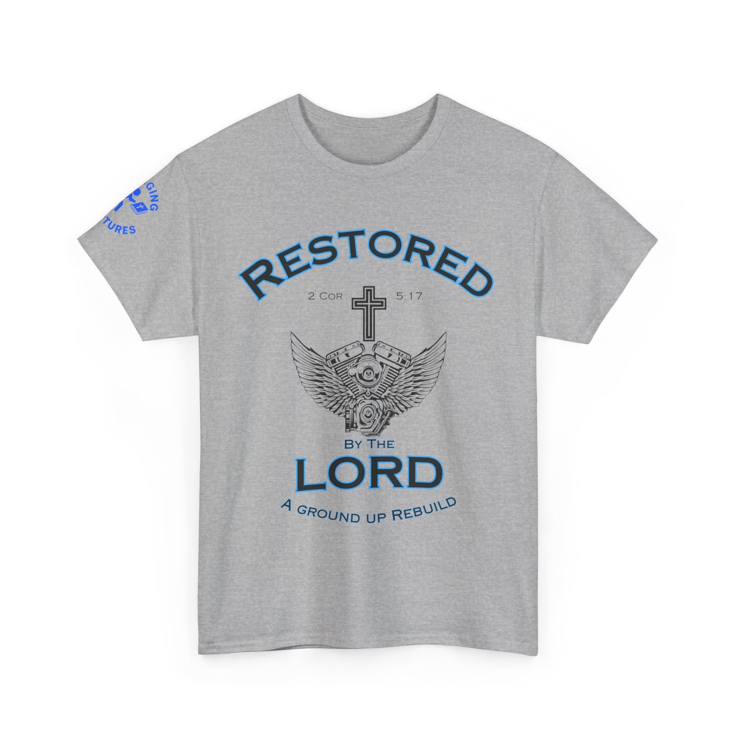 Restored by the Lord Tee | 2 Corinthians 5:17 Scripture Shirt | Christian Rebuild T-Shirt | Unisex Heavy Cotton Tee