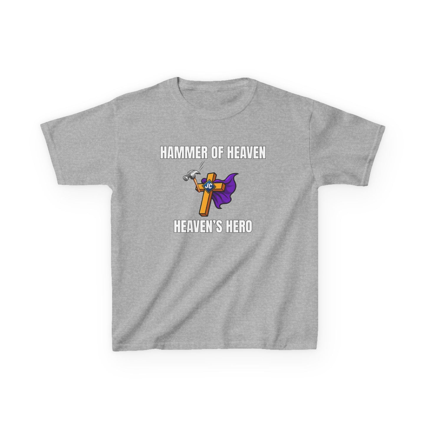 Hammer of Heaven — “Jesus Is My Superhero” Kids Christian Tee | Heaven’s Hero Badge
