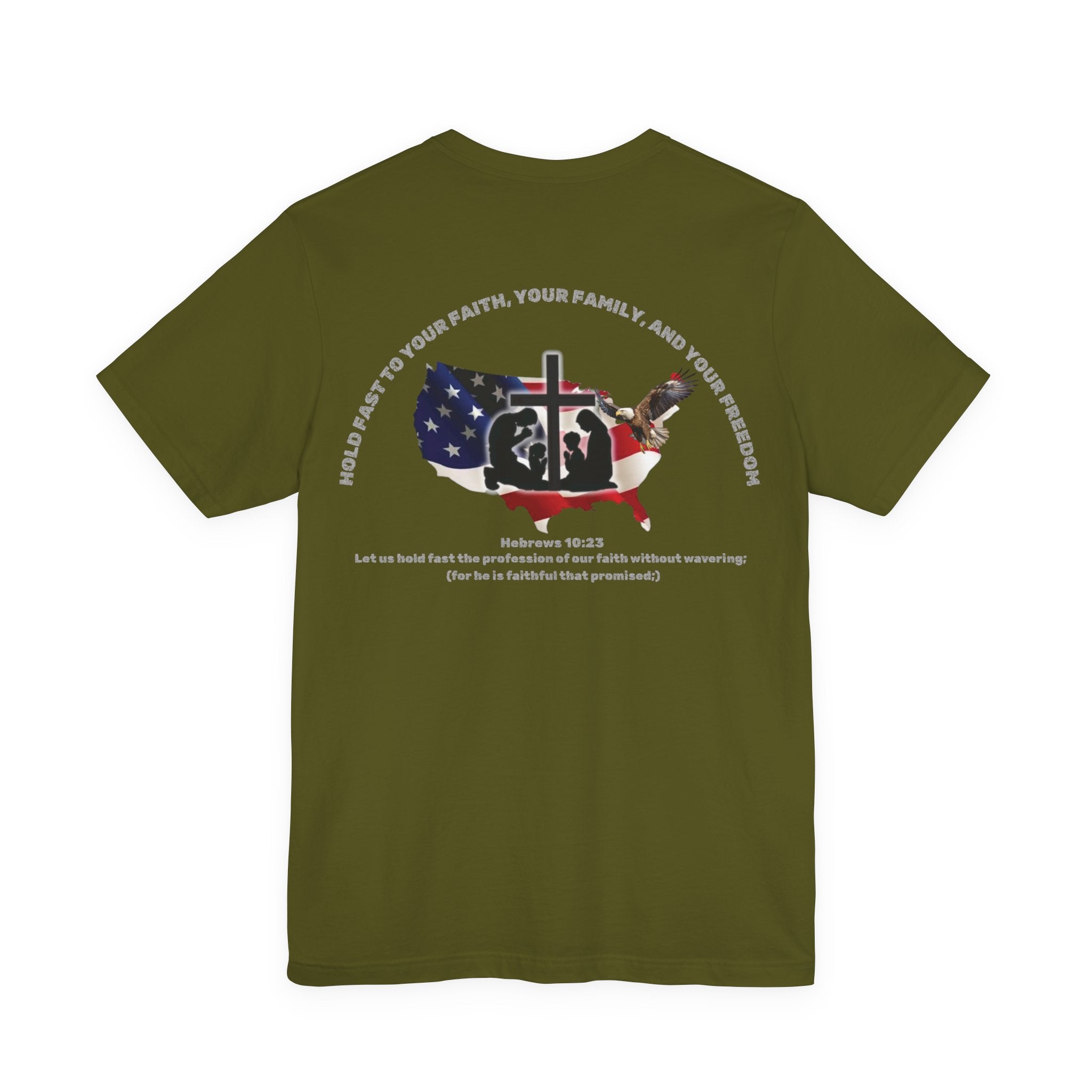 Patriotic Graphic Tee-Hold Fast — Hebrews 10:23 | Unisex Jersey Short Sleeve Christian T-Shirt