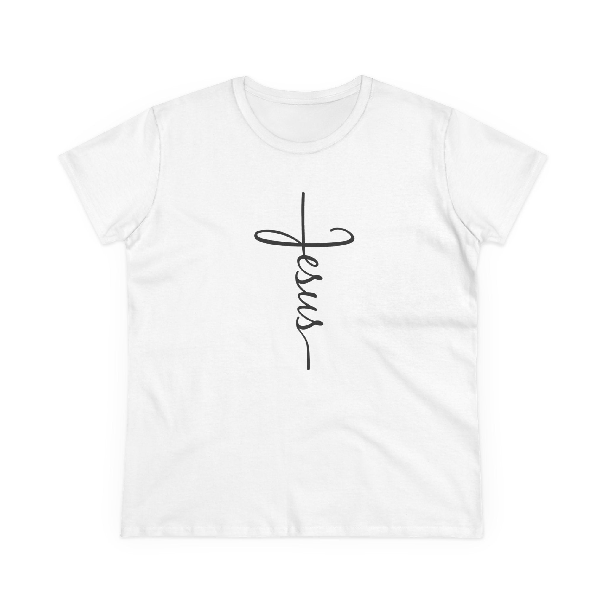 Jesus Cross Script Women's Tee — Minimalist Christian Faith T-Shirt