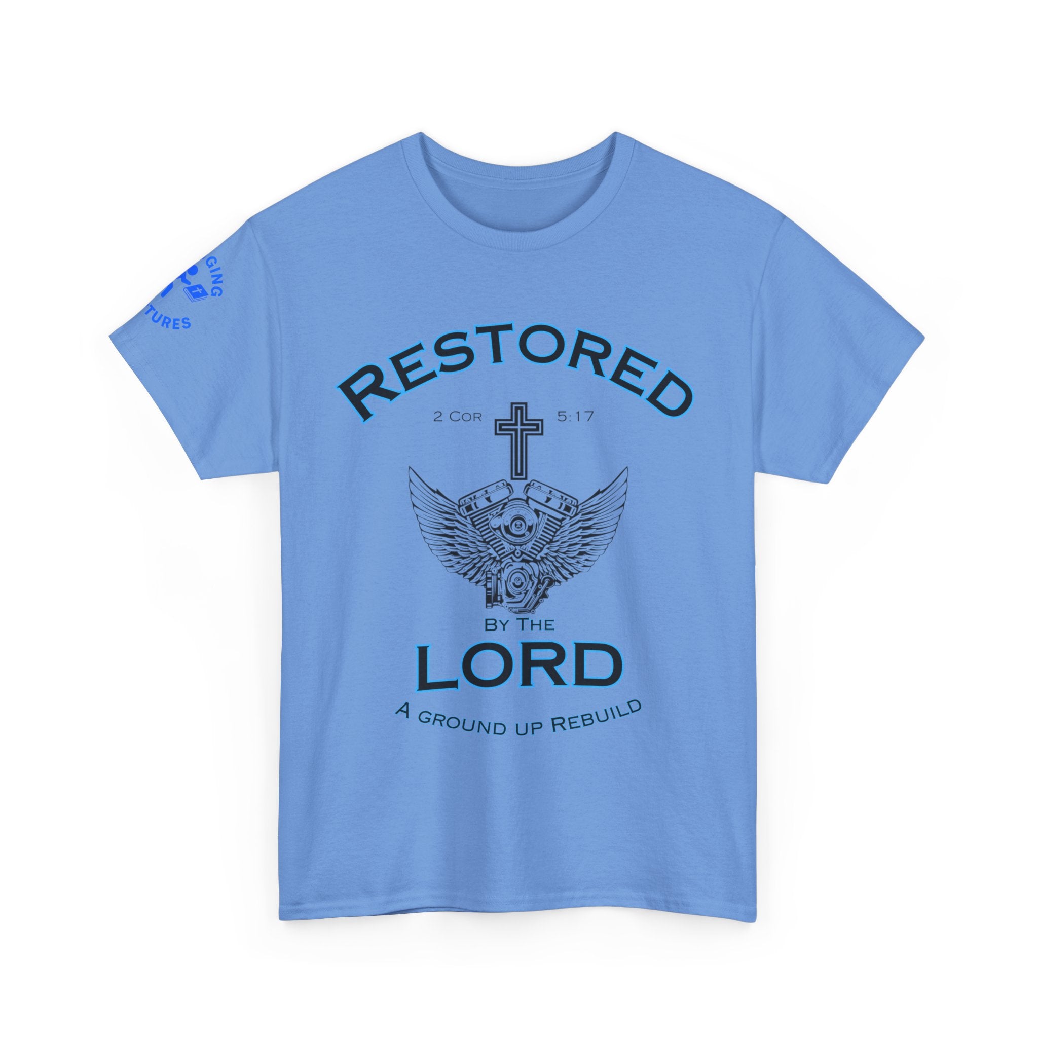 Restored by the Lord Tee | 2 Corinthians 5:17 Scripture Shirt | Christian Rebuild T-Shirt | Unisex Heavy Cotton Tee