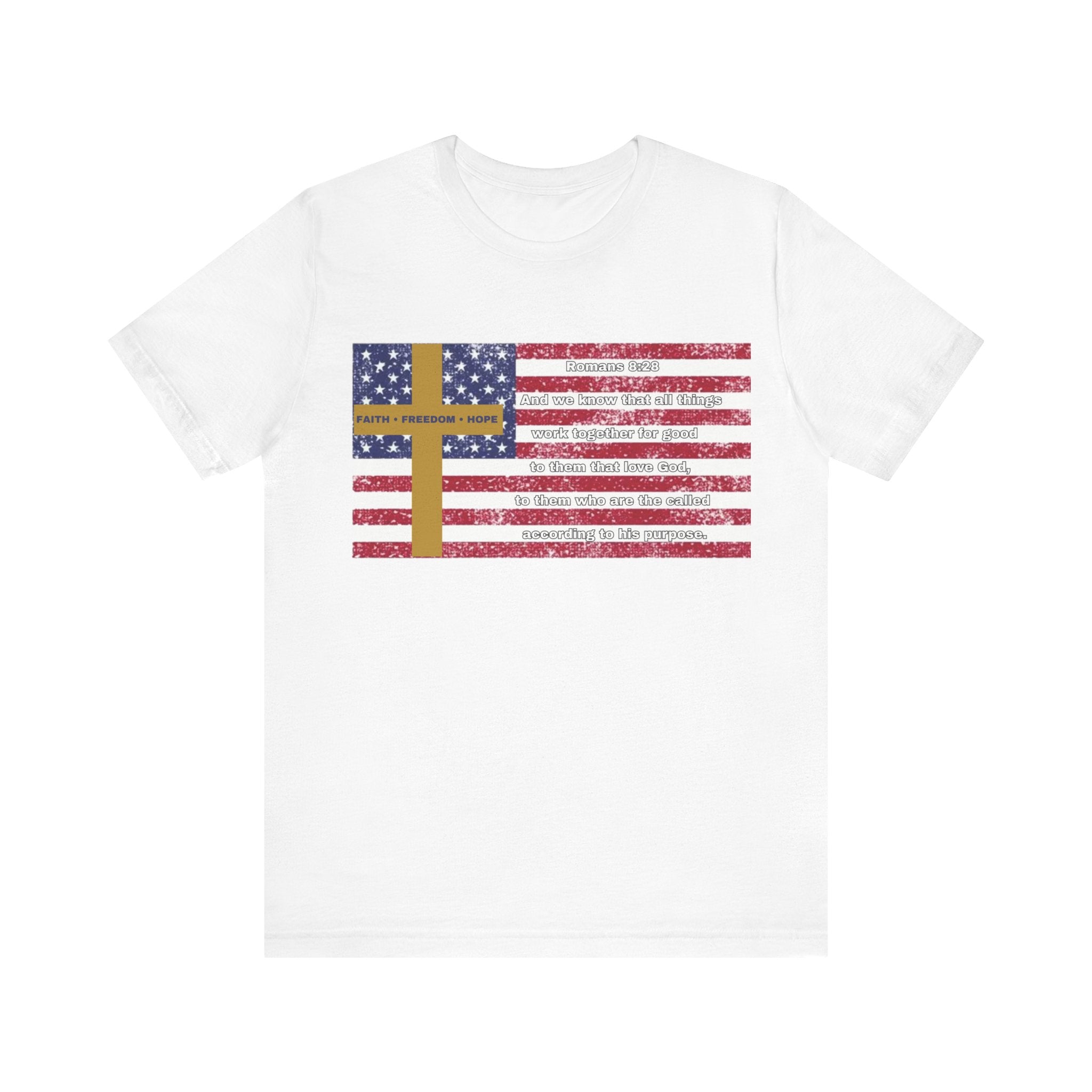 United in Purpose — Romans 8:28 Flag & Cross | Unisex Jersey Short Sleeve Christian T-Shirt