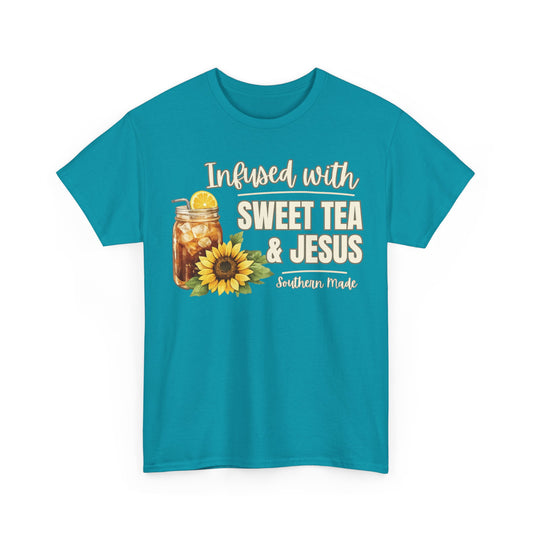 Front Southern Christian t-shirt featuring mason jar sweet tea and sunflower graphic with “Infused with Sweet Tea & Jesus” faith design.