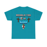 Front Tropical Blue Christian t-shirt featuring pixel-art “Behold the Lamb of God” design inspired by John 1:29, with Minecraft-style Jesus, lamb, and crosses in a gamer-themed faith graphic.