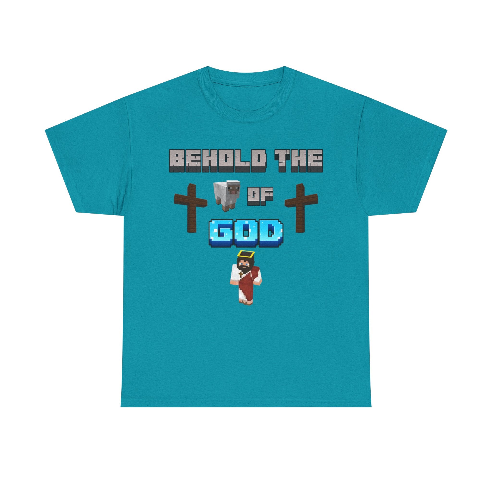 Front Tropical Blue Christian t-shirt featuring pixel-art “Behold the Lamb of God” design inspired by John 1:29, with Minecraft-style Jesus, lamb, and crosses in a gamer-themed faith graphic.