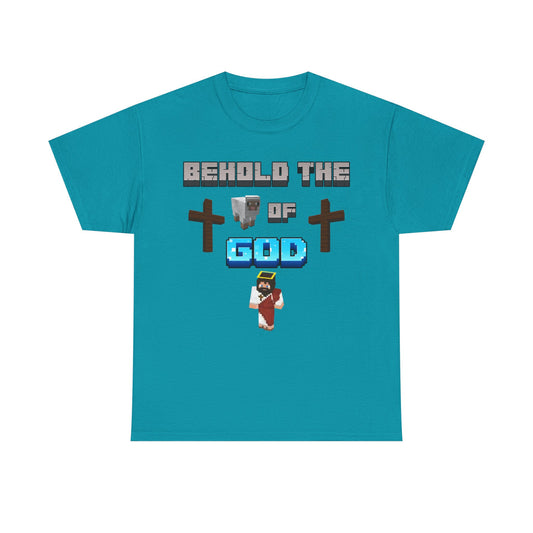 Front Tropical Blue Christian t-shirt featuring pixel-art “Behold the Lamb of God” design inspired by John 1:29, with Minecraft-style Jesus, lamb, and crosses in a gamer-themed faith graphic.