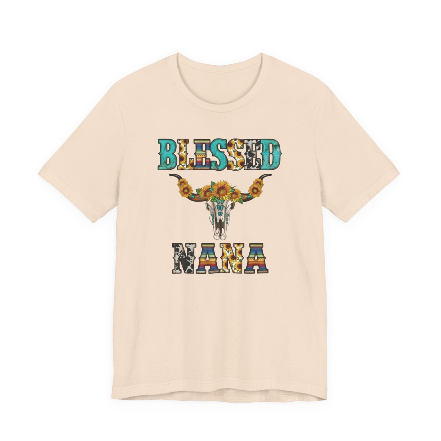 Front of a cream shirt Blessed Nana western sunflower shirt on Bella Canvas unisex tee featuring longhorn skull design and rustic patterned lettering