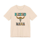 Front of a cream shirt Blessed Nana western sunflower shirt on Bella Canvas unisex tee featuring longhorn skull design and rustic patterned lettering
