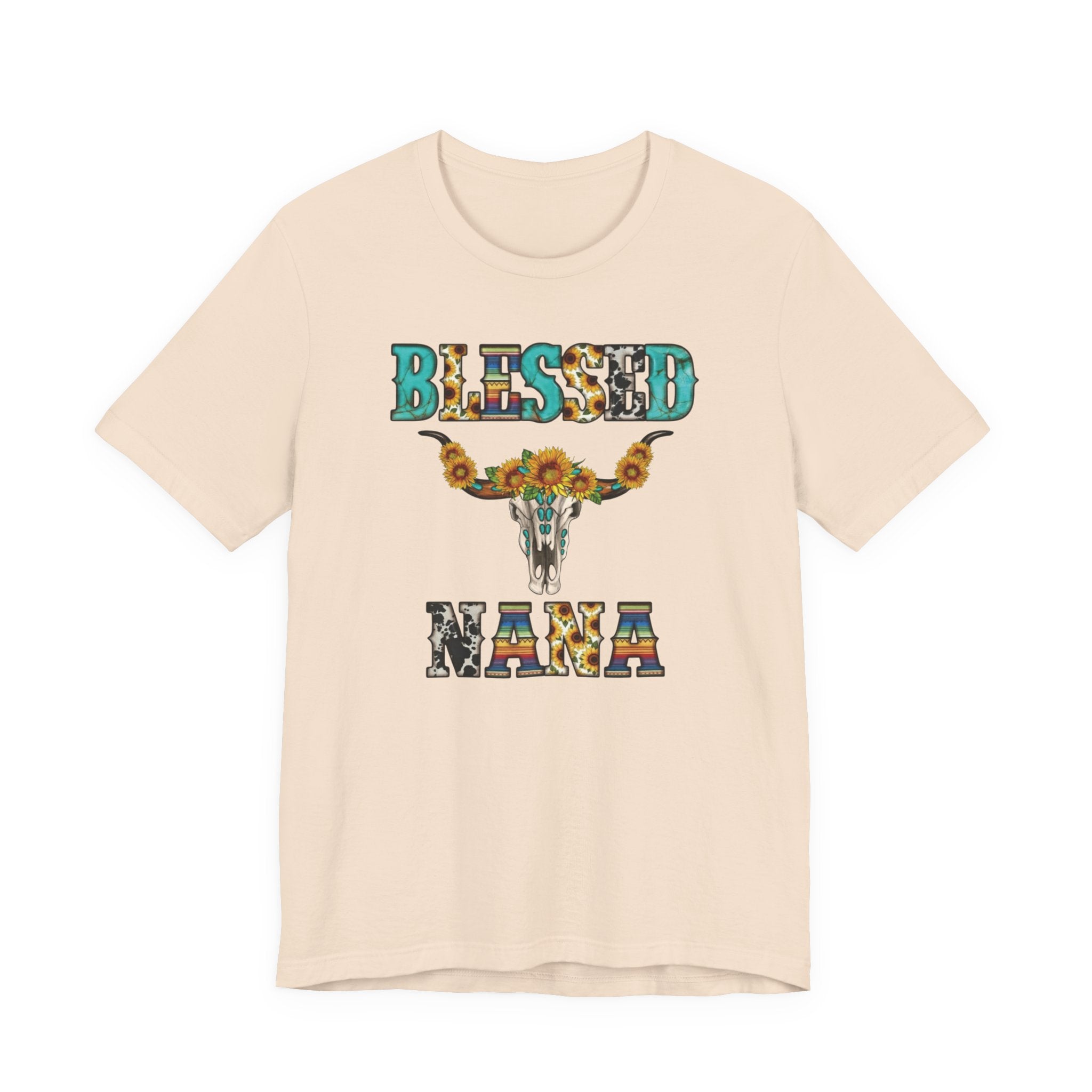 Front of a cream shirt Blessed Nana western sunflower shirt on Bella Canvas unisex tee featuring longhorn skull design and rustic patterned lettering