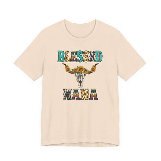 Front of a cream shirt Blessed Nana western sunflower shirt on Bella Canvas unisex tee featuring longhorn skull design and rustic patterned lettering