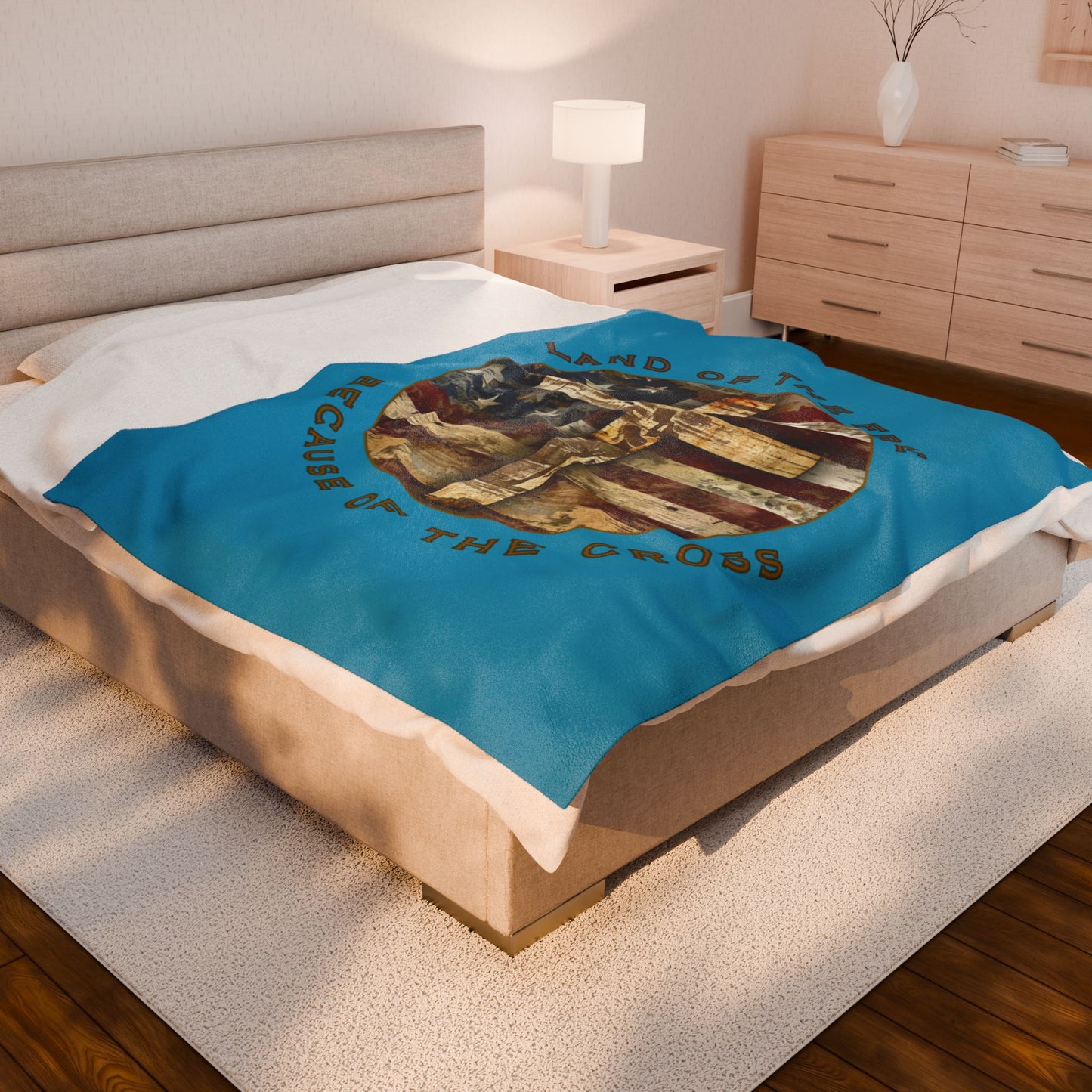 Land of the Free Because of the Cross | Christian Patriotic Velveteen Blanket