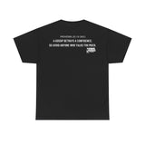 Back of black Christian t-shirt featuring Proverbs 20:19 (NIV) in white text with the Slinging Scriptures logo beneath — reads “A gossip betrays a confidence; so avoid anyone who talks too much.”