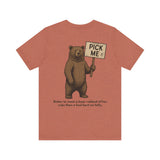 Back of Choose the Bear Proverbs 17:12 shirt featuring illustrated bear holding a pick-me sign with the verse ‘Better to meet a bear robbed of her cubs than a fool bent on folly