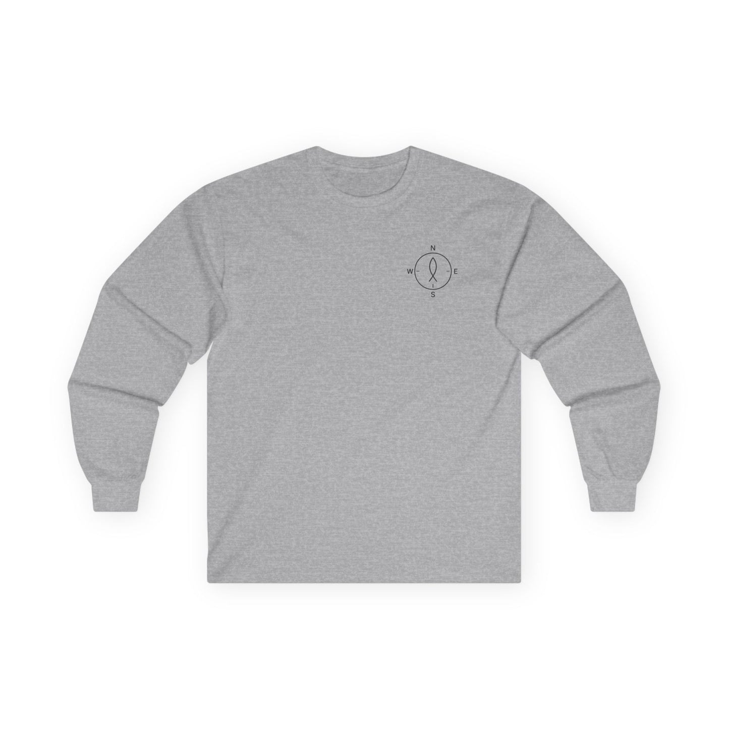Front: Christian long sleeve shirt with minimalist compass emblem on left chest — subtle north/south/east/west design.