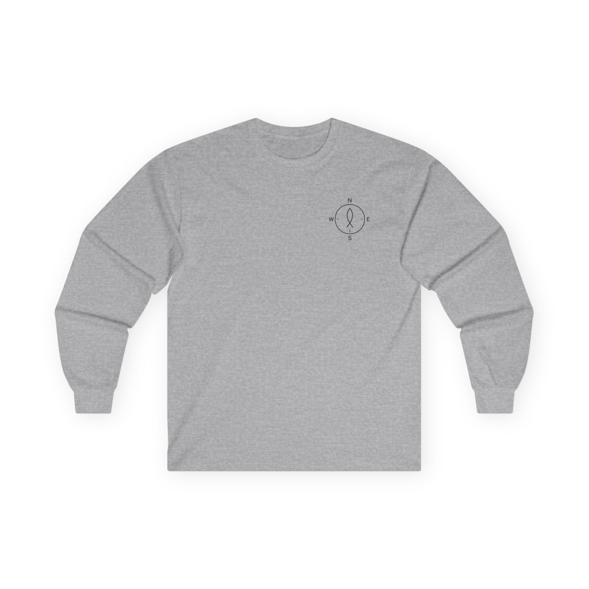 Front: Christian long sleeve shirt with minimalist compass emblem on left chest — subtle north/south/east/west design.