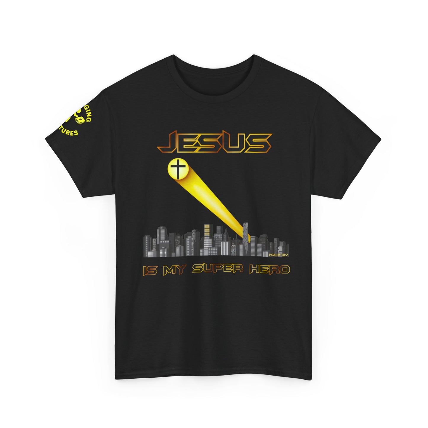 Jesus Superhero T-Shirt – Unisex Heavy Cotton Tee with Spotlight City Design & Psalm 18:2 Bible Verse