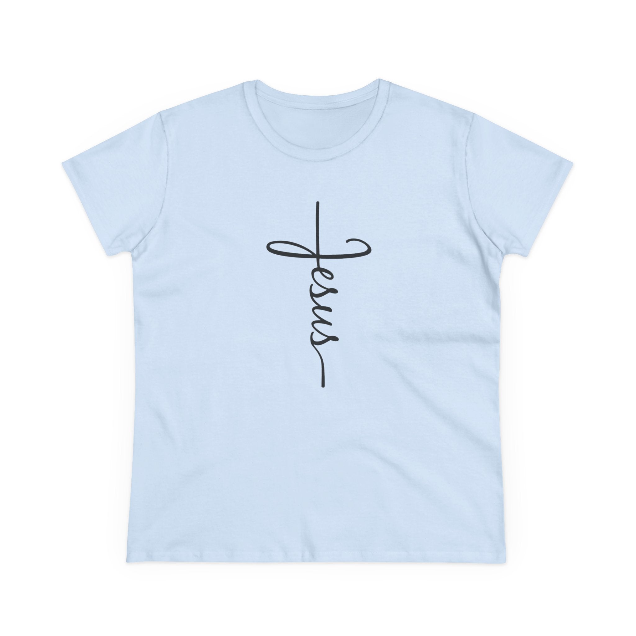 Jesus Cross Script Women's Tee — Minimalist Christian Faith T-Shirt