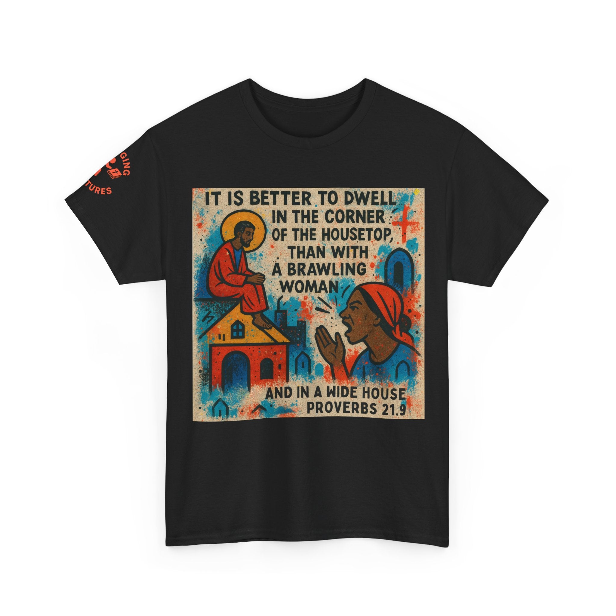 Corner of the Housetop — Proverbs 21:9 Pop-Art Tee | Unisex Heavy Cotton Christian T-Shirt