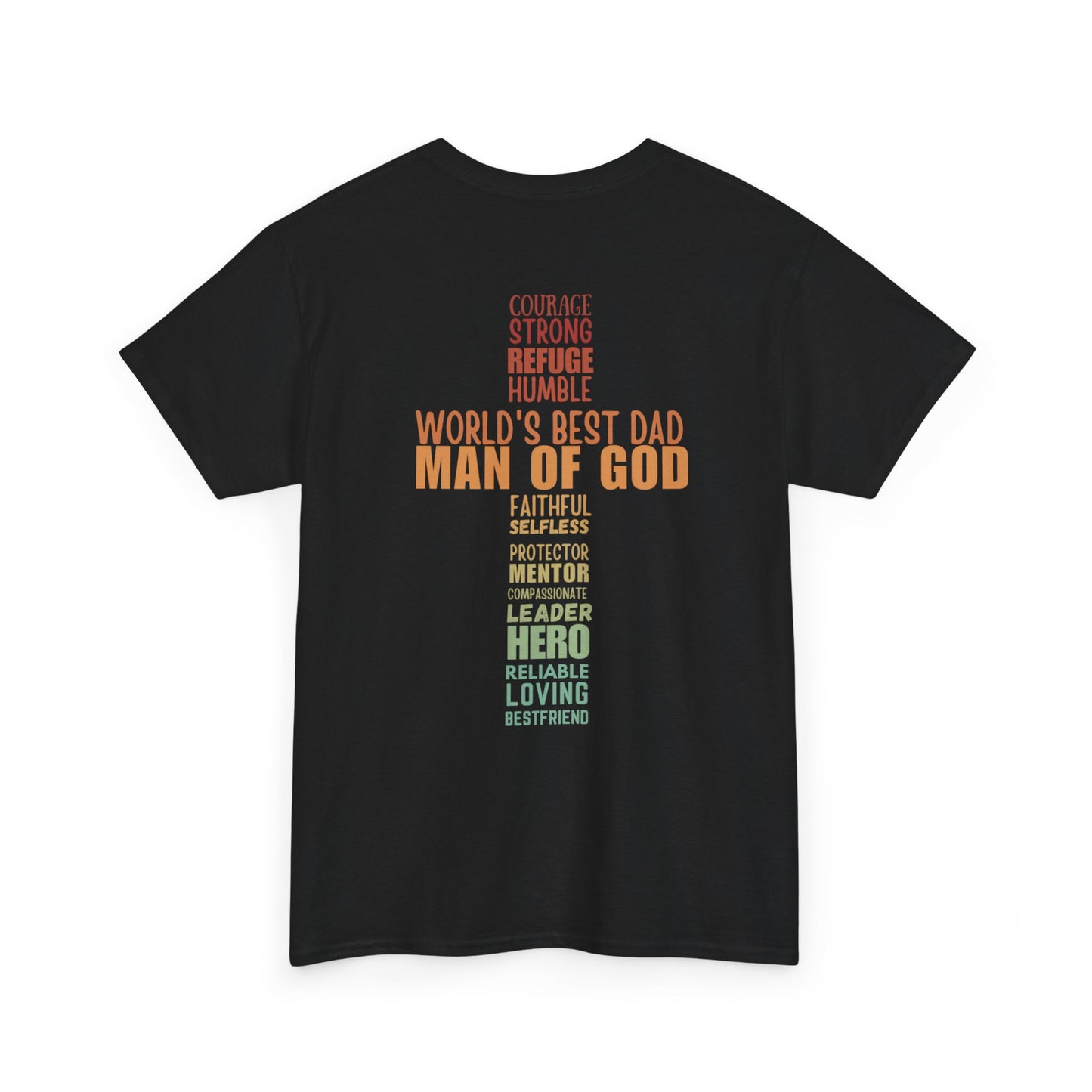 Man of God Cross Word Art Tee — Christian Father’s Day & Faith T-Shirt | Unisex Heavy Cotton
