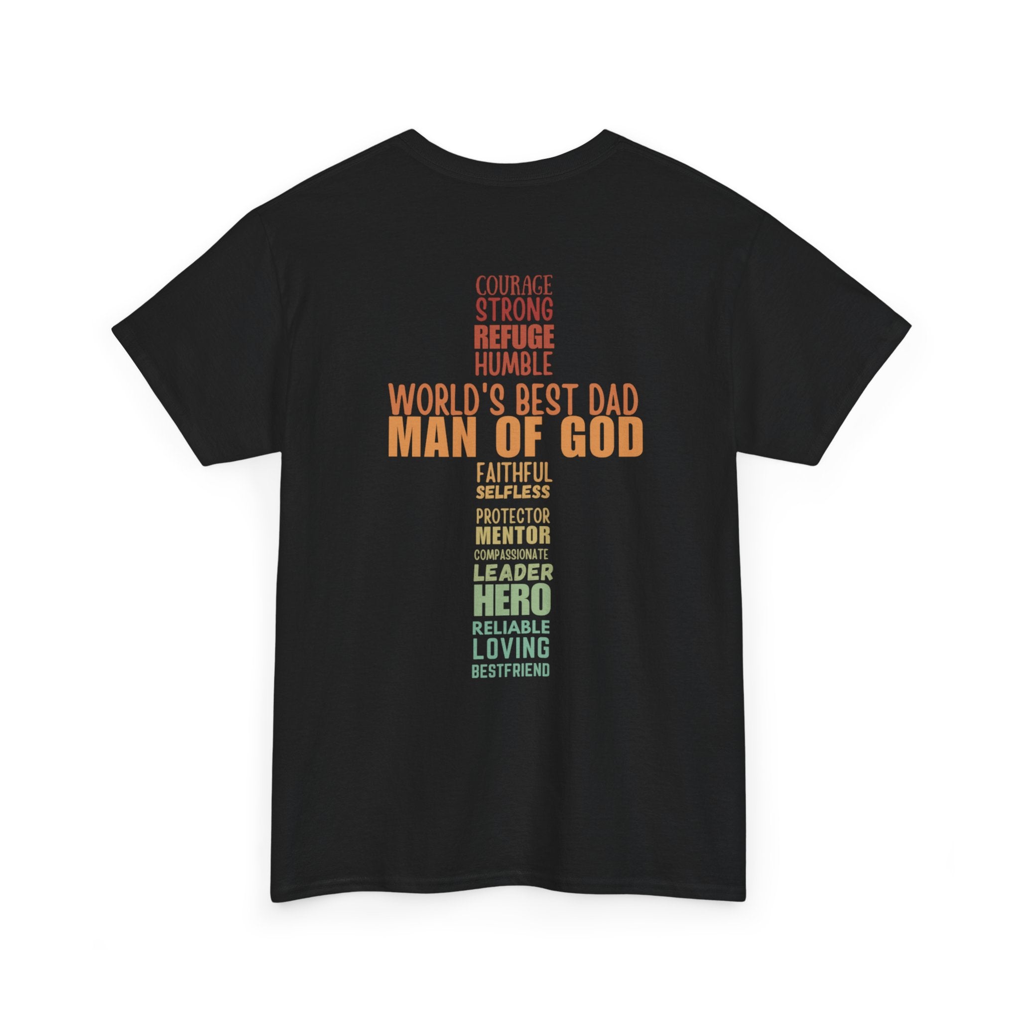 Man of God Cross Word Art Tee — Christian Father’s Day & Faith T-Shirt | Unisex Heavy Cotton