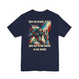 Psalm 54:2 T-Shirt – Unisex Jersey Short Sleeve Christian Tee with Praying Artwork & Slinging Scriptures Logo