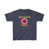 Christ Is the Captain of My Life Kids Tee — “Jesus Is My Superhero” Christian Shield Shirt (Mini + Me)
