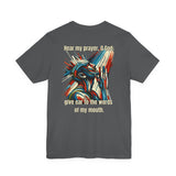 Psalm 54:2 T-Shirt – Unisex Jersey Short Sleeve Christian Tee with Praying Artwork & Slinging Scriptures Logo
