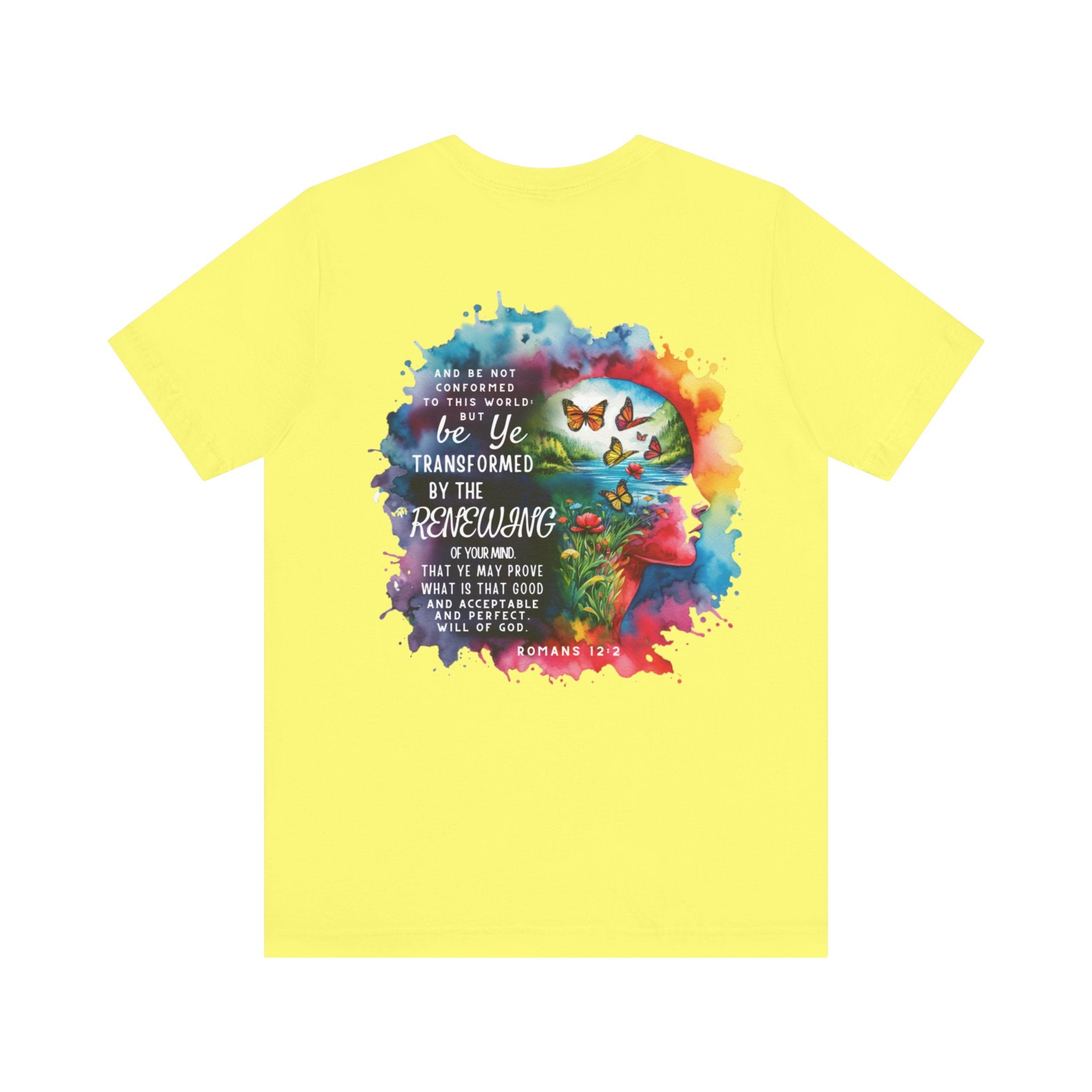 Be Transformed Tee – Inspirational Christian Watercolor Unisex Jersey Shirt (Romans 12:2)
