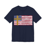 United in Purpose — Romans 8:28 Flag & Cross | Unisex Jersey Short Sleeve Christian T-Shirt