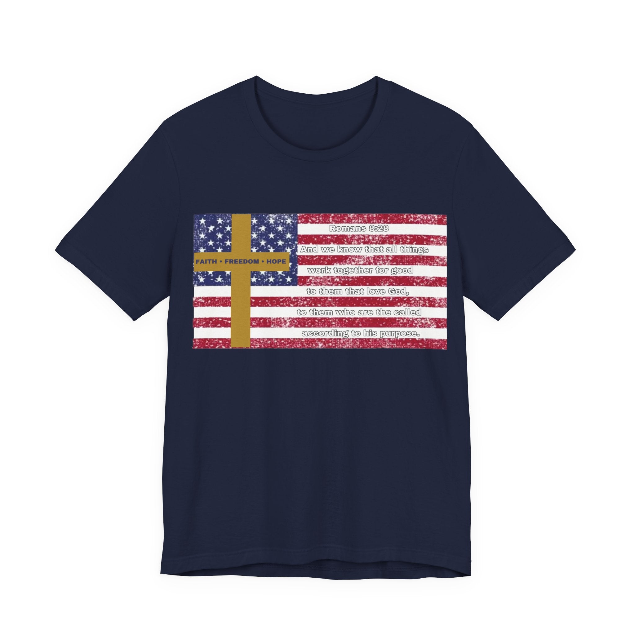 United in Purpose — Romans 8:28 Flag & Cross | Unisex Jersey Short Sleeve Christian T-Shirt