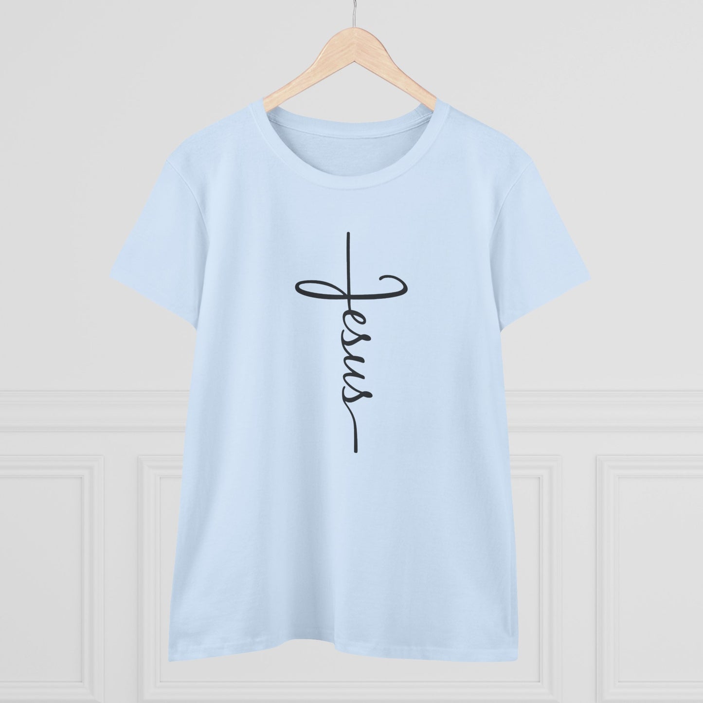 Jesus Cross Script Women's Tee — Minimalist Christian Faith T-Shirt