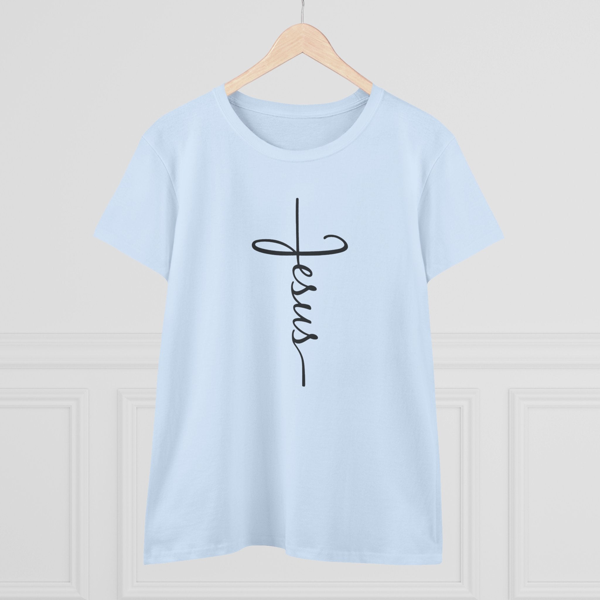 Jesus Cross Script Women's Tee — Minimalist Christian Faith T-Shirt