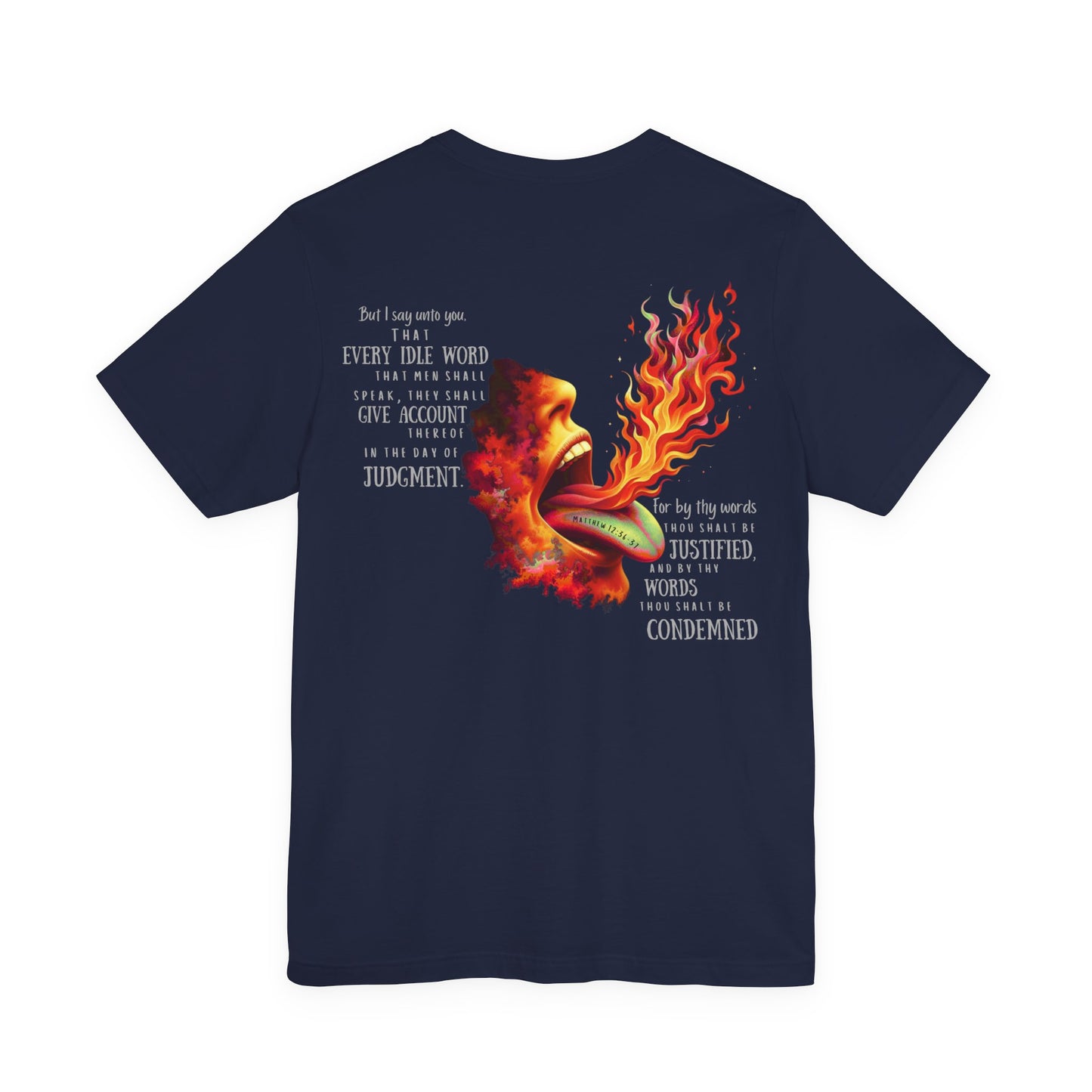 The Tongue Is a Fire — Matthew 12:36-37 Tee | Unisex Jersey Short Sleeve Christian T-Shirt