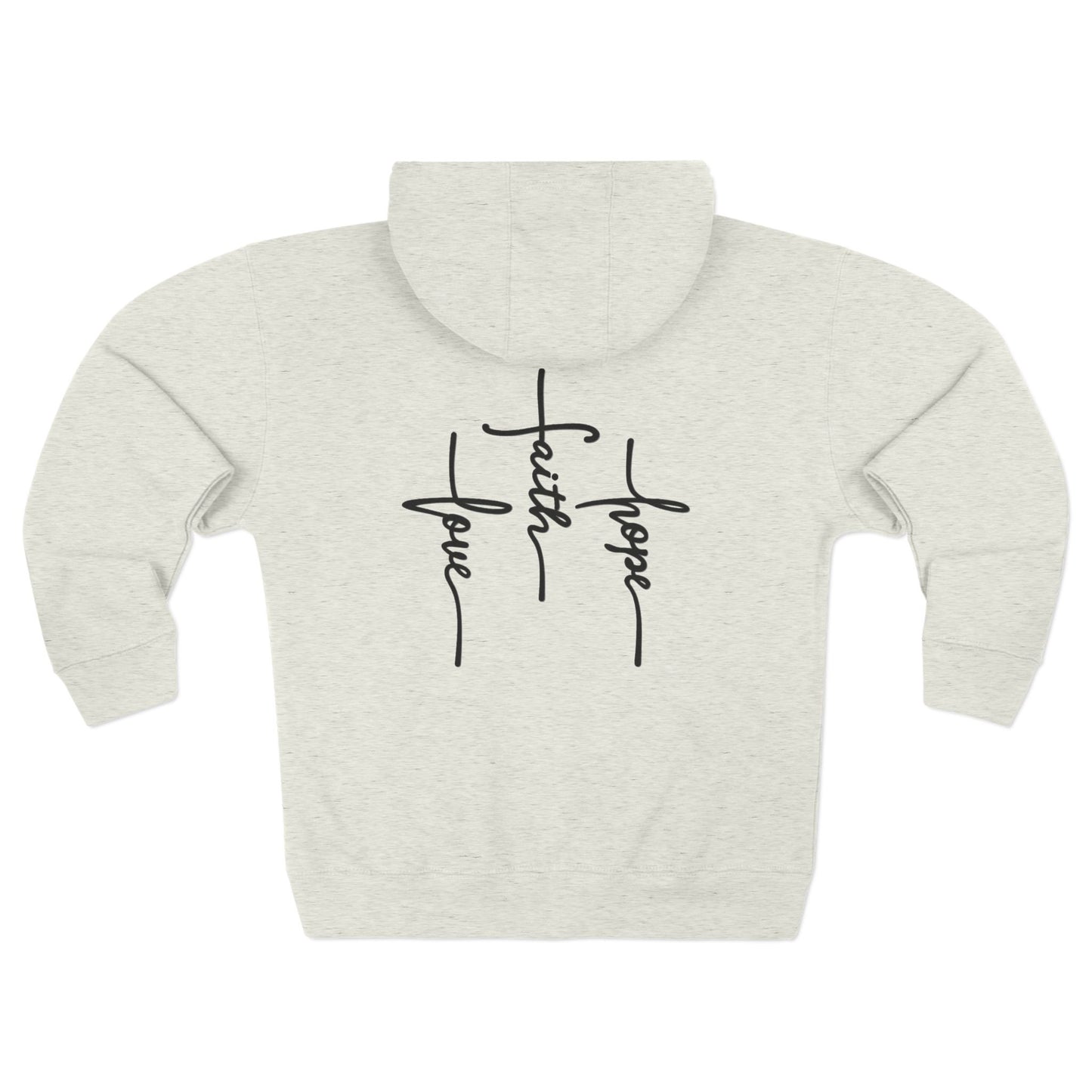 Back of an Oatmeal colored zip up hoodie featuring 3 Crosses with the words love faith and hope written into them.