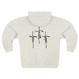 Back of an Oatmeal colored zip up hoodie featuring 3 Crosses with the words love faith and hope written into them.