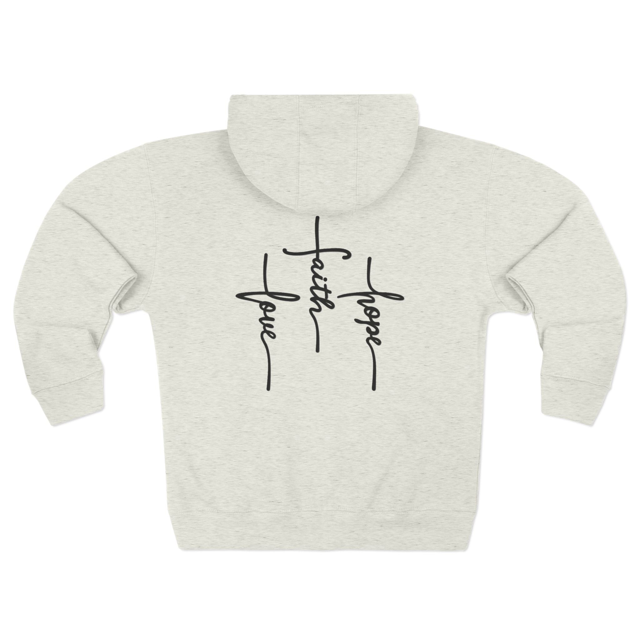 Back of an Oatmeal colored zip up hoodie featuring 3 Crosses with the words love faith and hope written into them.
