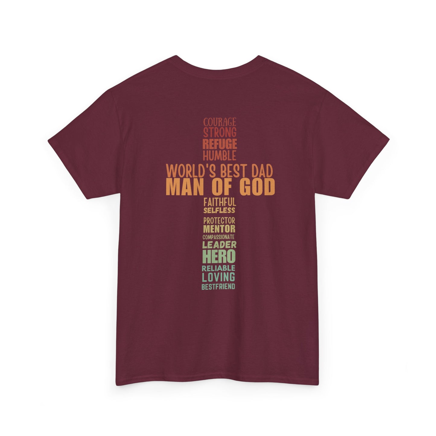 Man of God Cross Word Art Tee — Christian Father’s Day & Faith T-Shirt | Unisex Heavy Cotton