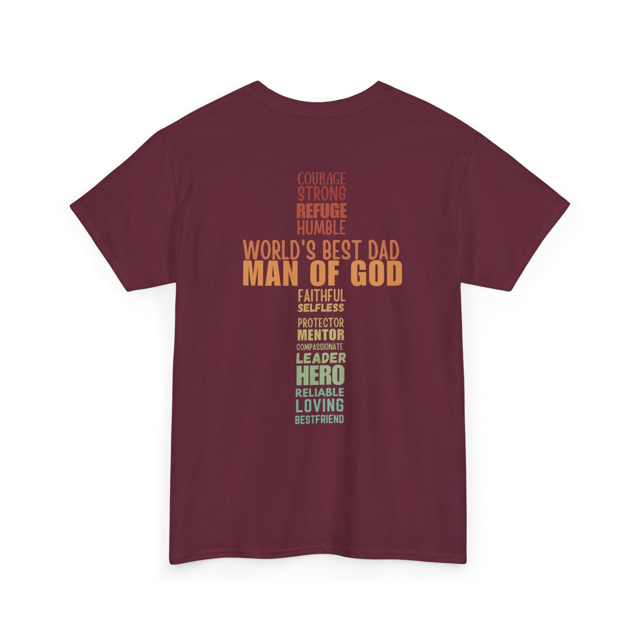 Man of God Cross Word Art Tee — Christian Father’s Day & Faith T-Shirt | Unisex Heavy Cotton
