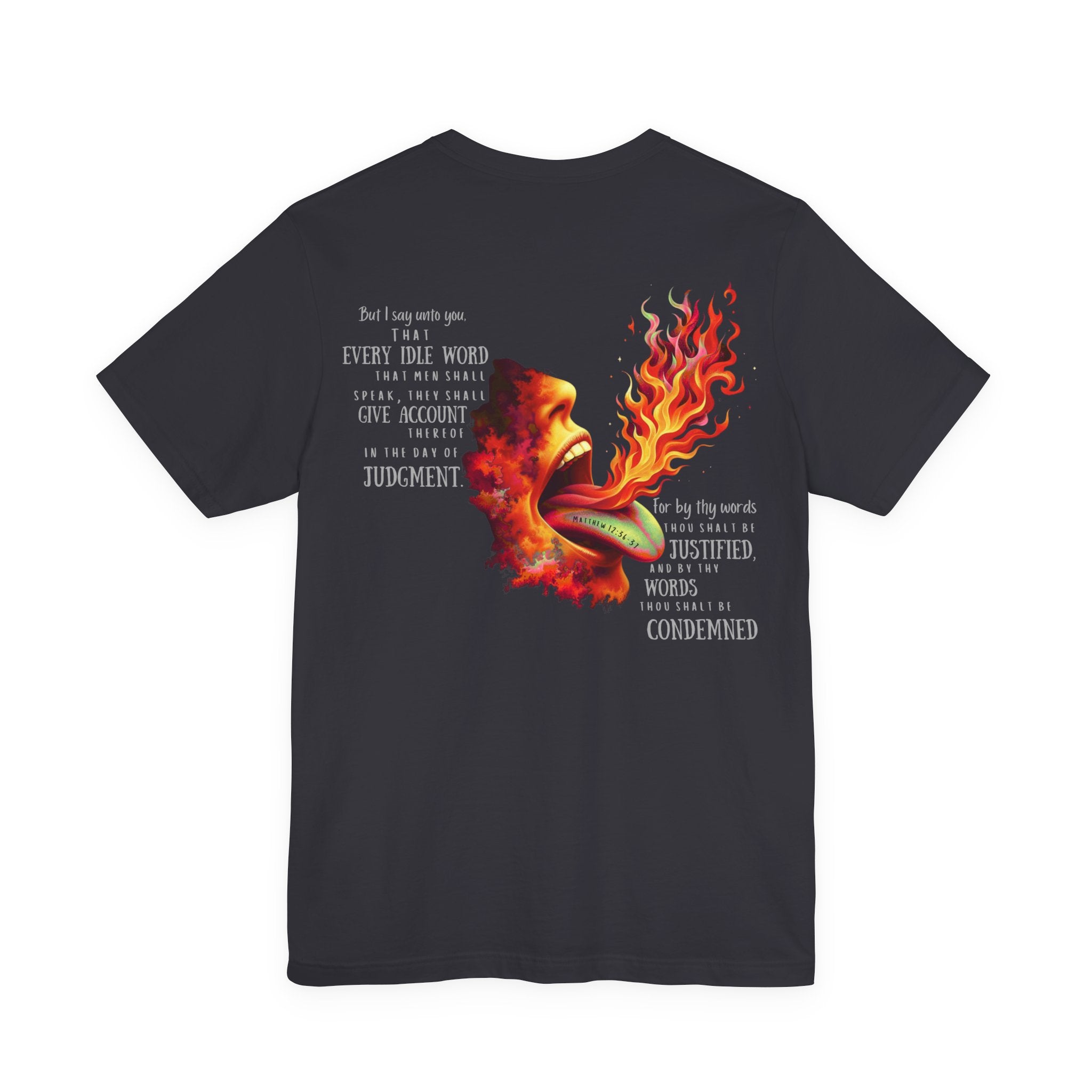 The Tongue Is a Fire — Matthew 12:36-37 Tee | Unisex Jersey Short Sleeve Christian T-Shirt